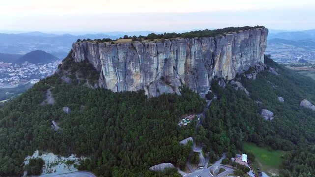 Aerial view of Bismantova Rock at sunset, Pietra di Bismantova, located near to Castelnovo Monti, Reggio Emilia, Italy