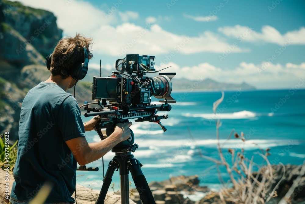 Wall mural Videographer capturing cinematic footage with high end camera on gimbal at scenic ocean location