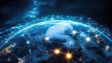 Abstract Earth with interconnected glowing lines, network world, global trade