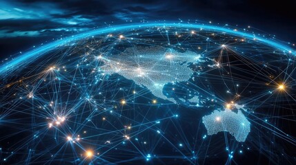 Abstract Earth with interconnected glowing lines, network world, global trade
