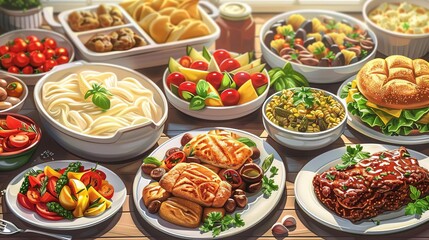 Illustration of a Delicious and Varied Dinner Spread