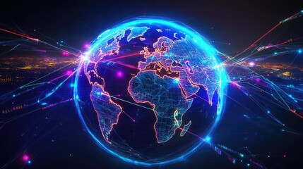 Obraz premium Abstract Earth with neon trading paths, global network, world trade