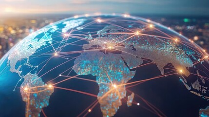 Digital globe with connected trade routes, global network, world trade