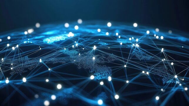 Digital world with interconnected nodes and lines, global network, international business
