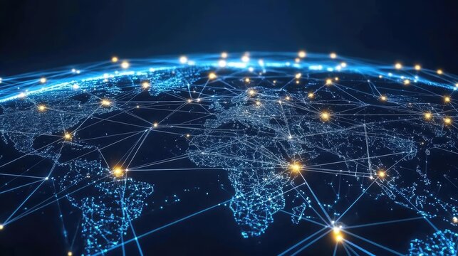 Digital world with interconnected nodes and lines, global network, international business