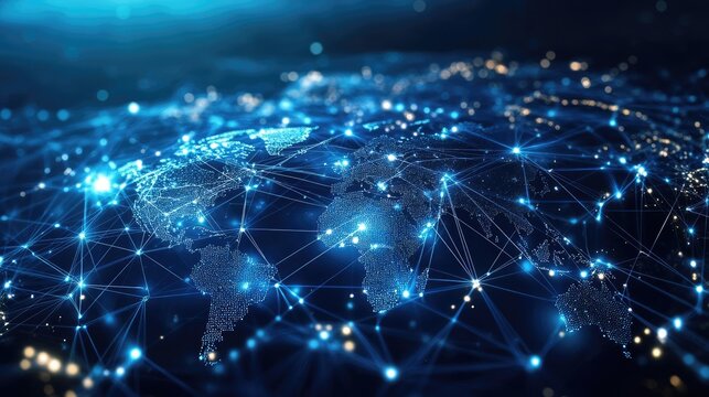 Digital world with interconnected nodes and lines, global network, international business