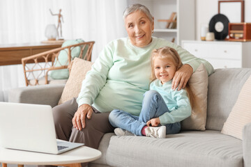 Obraz premium Cute little girl with her granny watching cartoons at home