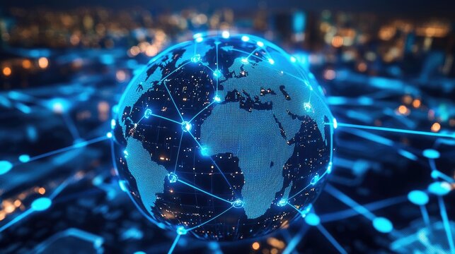 Holographic globe with network nodes, world connection, international business