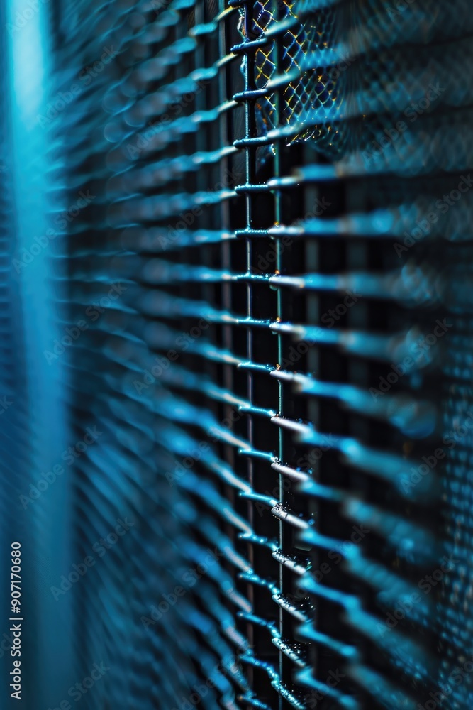 Poster a close-up shot of a metal mesh fence with detailed texture and structure