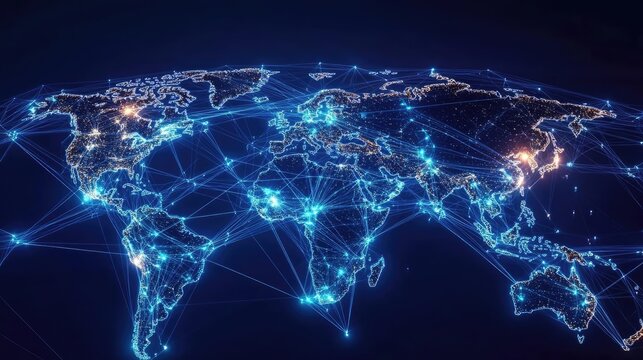 World map with glowing connection lines, international network, global trade