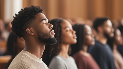 Obraz premium A Group of People, Young Men and Women, Standing Together in Church Interior with Eyes Closed and Praying - Praise God, Belief in Jesus Christ, Peace Photo