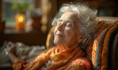 Obraz premium An elderly woman basks in sunlight with her eyes closed and arms outstretched, enjoying a peaceful and joyful moment indoors.