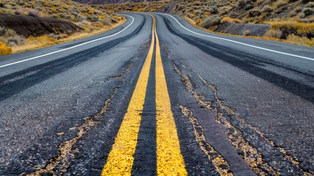 Winding, damaged asphalt road with fading yellow lines through a barren landscape. Concepts. journey, travel, infrastructure, repair, abandoned, forgotten