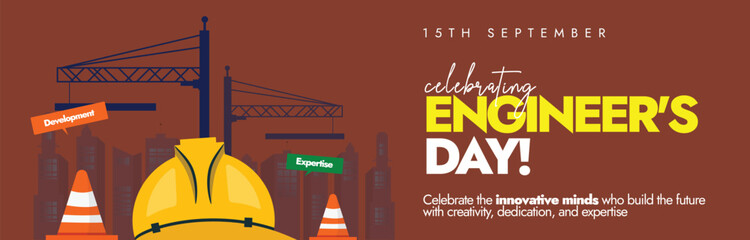 Engineers Day, 15th September. World Engineers day cover banner, post with silhouette buildings, cranes, construction, orange cones. The day promotes central to modern life and sustainable development