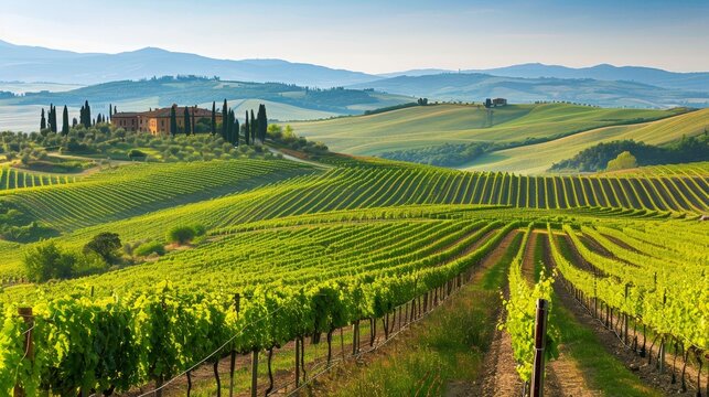Tuscan vineyard landscape  rolling hills and green vines with farmhouse in the distance