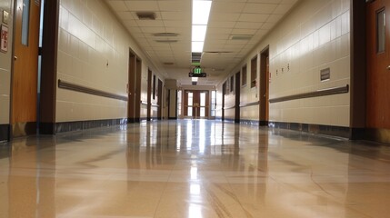 Empty high school corridor with lockers lining the walls