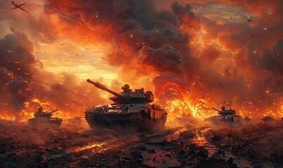 Tanks are engaged in a battlefield with explosions and thick smoke rising, depicting a dramatic scene of intense warfare.