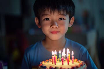 Asian boy celebrates birthday and prepares to blow out candles on birthday cake