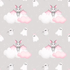 Fototapeta premium Seamless pattern cute bat and ghosts.Watercolor hand drawn color children's illustration, print with cute .Kids print.Baby collection, Halloween decorations.