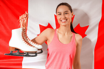 Female figure skater against flag of Canada
