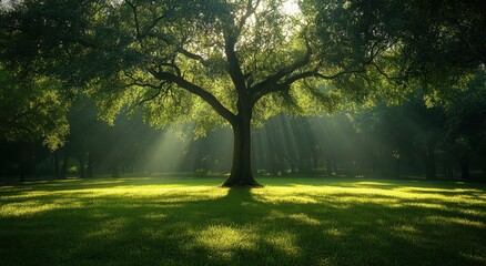 Fototapeta premium A large tree stands in the center of an open green park, rays of sunlight shining through its leaves, creating dappled light and shadow on the surrounding grass.