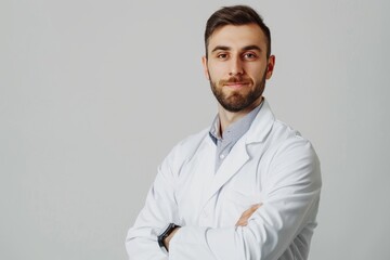 Professional male pharmacist standing for portrait photo shoot on light gray backdrop
