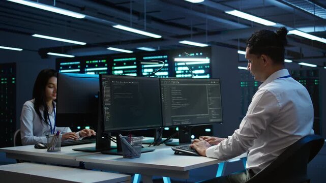 Engineers in high tech data center establishment installing software on computer, troubleshooting issues. Team of IT specialists in server room establishing performance benchmarks