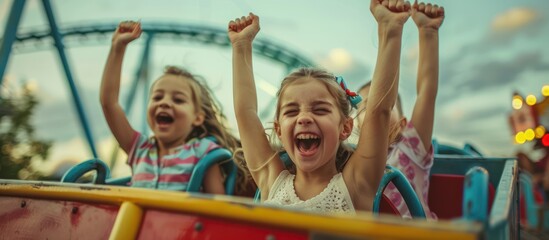 Excited young children with arms raised having fun on a rollercoaster ride at an amusement park. Concept of childhood, summer, fun, and adventure.