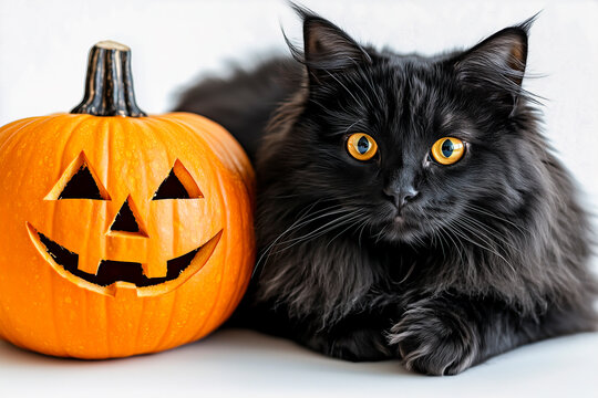 Long-haired black cat with Halloween jack-o'-lantern on white