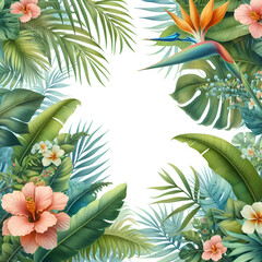 Fresh Exotic Jungle Background with Copy Space. Border Made of Tropical Leaves & Flowers. Watercolor For Summer Vibes Greeting Cards, Posters, Banners, Placards Cafe, Coffee Shop Hawaii Bar Restaurant