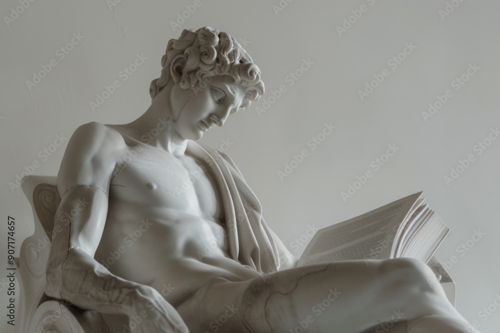 Poster a bronze statue of a man sitting and reading a book