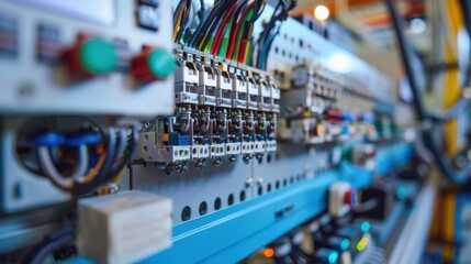 A close up of a computer board with many wires and connectors