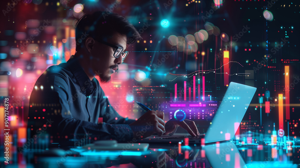 Wall mural businessman using laptop with financial graphs, data science concept with digital hologram of graphs