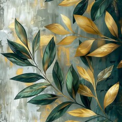 Retro Elegance Meets Modern Art: A Golden Touch to Nostalgic Textures with Floral Greens and Greys for Wall Murals and Home Décor