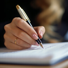 Close-up of a woman writing in a notebook.