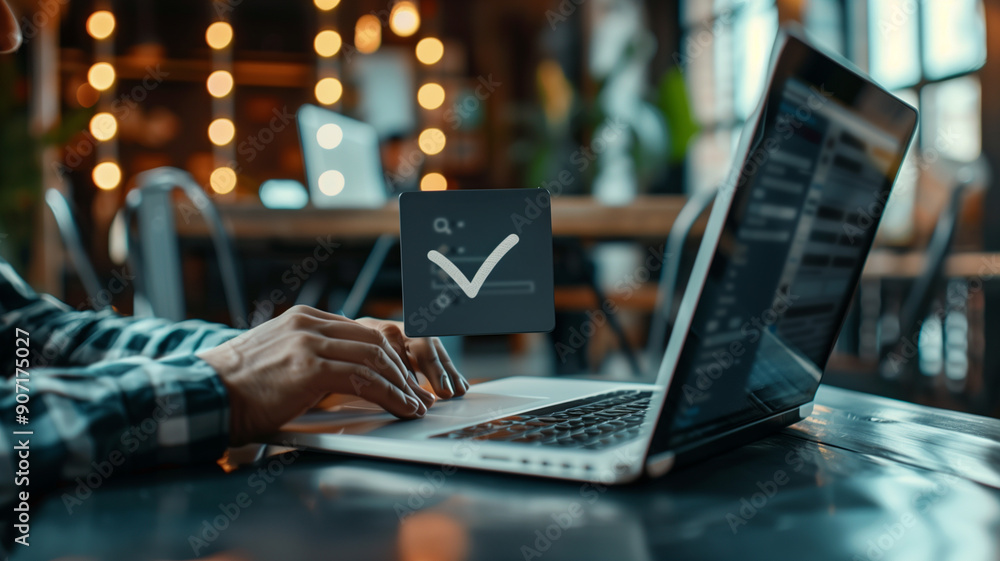 Fototapete a person is using a laptop computer with a check mark icon floating on the screen