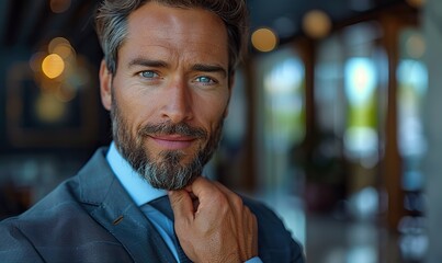 Fototapeta premium A confident businessman is adjusting his tie, preparing for an important meeting and exuding readiness and determination.
