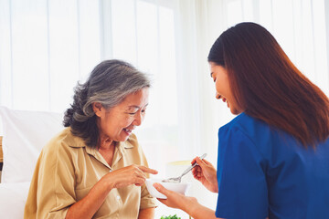 Sick elderly woman was closely cared female nurse she gently scooped nutritious, soft food porridge suitable elderly patients sick person likes eat it helping recover from her illness in bed at home.
