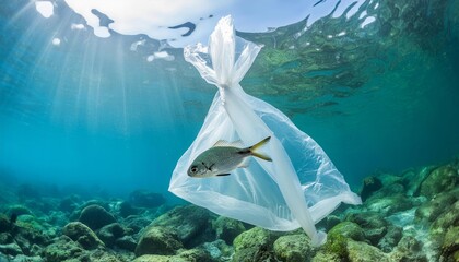 Fish trapped inside plastic bag, polythene bag, environmental crisis, save planet earth, plastic pollution,  water pollution