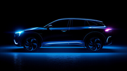 Side view of an electric SUV car with headlights on on a black background