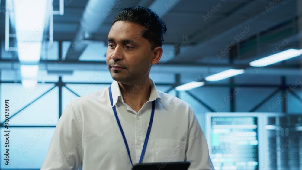 Poster programmer walking in high tech data center used for managing infrastructure energy consumption, wor