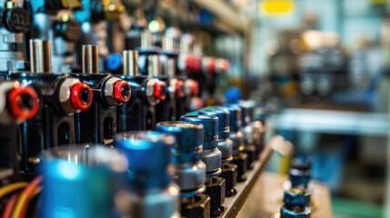 A row of blue and red buttons are on a table