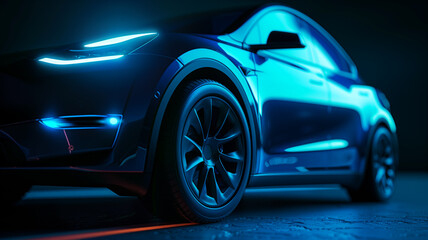 Naklejka premium Front view of an electric SUV car with headlights on on a black background