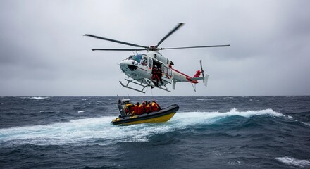 Naklejka premium rescue helicopter rescues people from an inflatable boat in stormy and rough ocean 