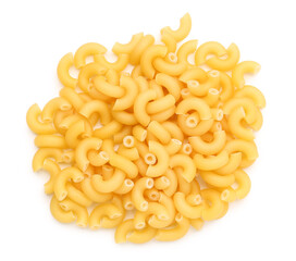 Heap of tasty raw elbow pasta on white background