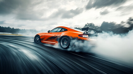 Obraz premium Dynamic Action Shot of an Orange Sports Car Drifting on a Wet Track with Smoke and Motion Blur
