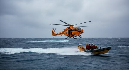 rescue helicopter rescues people from an inflatable boat in stormy and rough ocean
