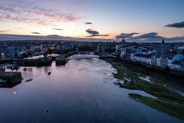 Stunning view of Galway city at twilight. Claddagh, Corrib and the iconic long walk