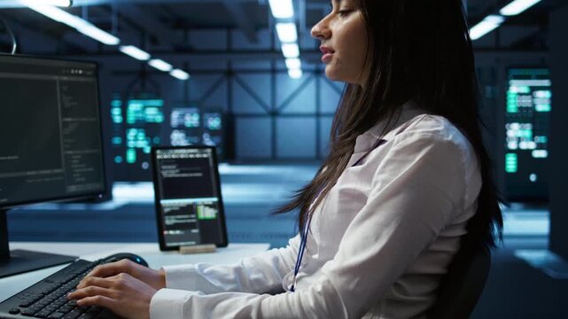 Computer scientist in data center installing software on computer, troubleshooting issues, handheld camera shot. Close up of IT expert in server hub establishing performance benchmarks, camera B