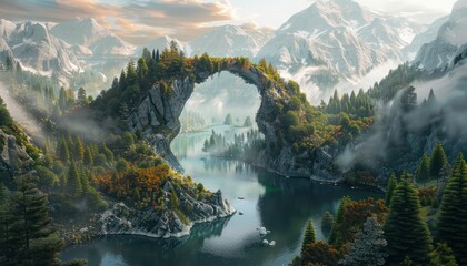 Breathtaking fantasy landscape of a natural stone arch bridge over a tranquil mountain lake at sunrise, digital art illustration